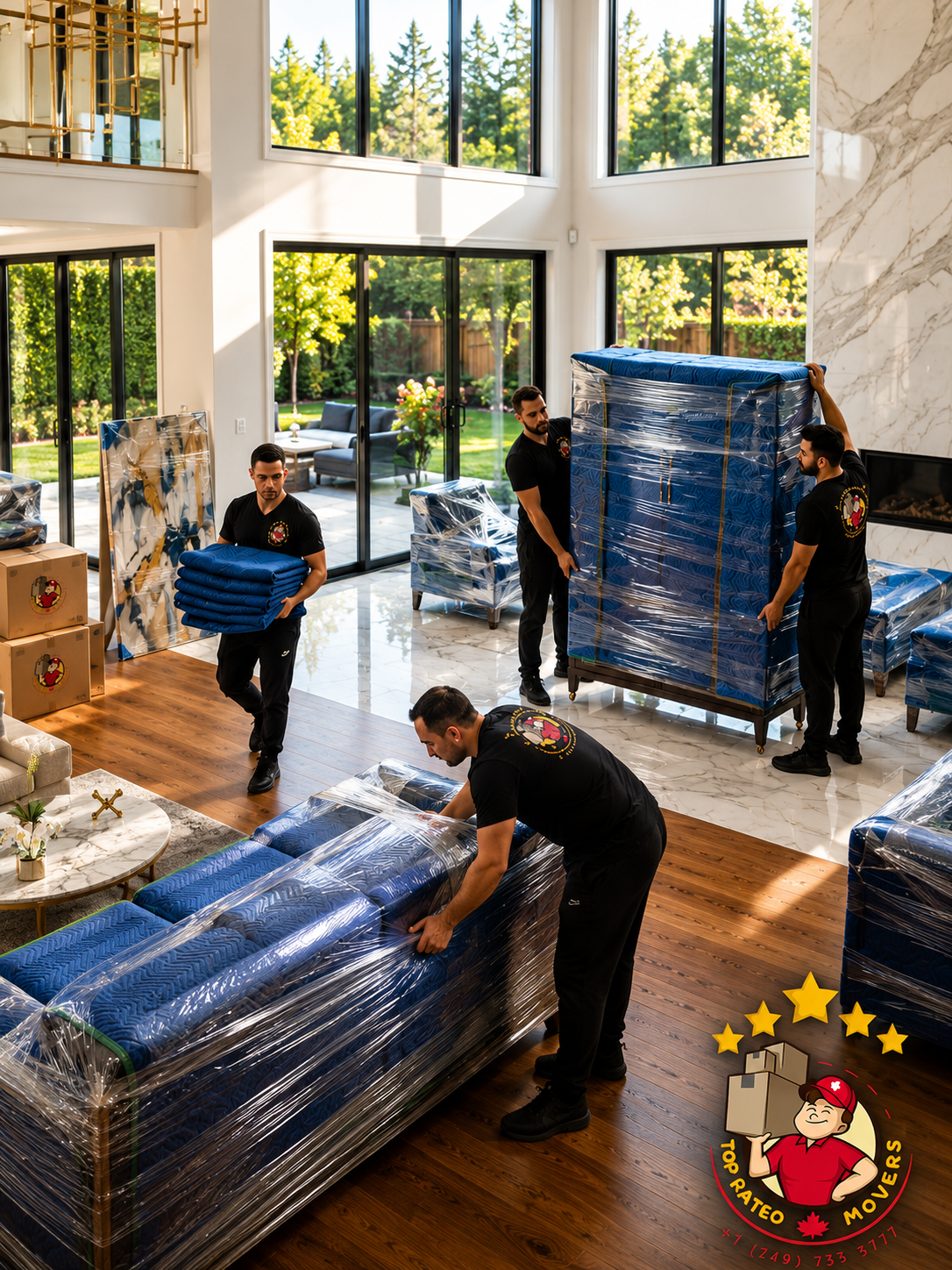 Four professional movers carefully packing and moving furniture inside a luxury home in GTA area near Richmond Hill Ontario