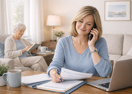 A woman working at a desk with a laptop, talking on the phone while smiling. An elderly woman is reading a book in the background in a cozy living room.