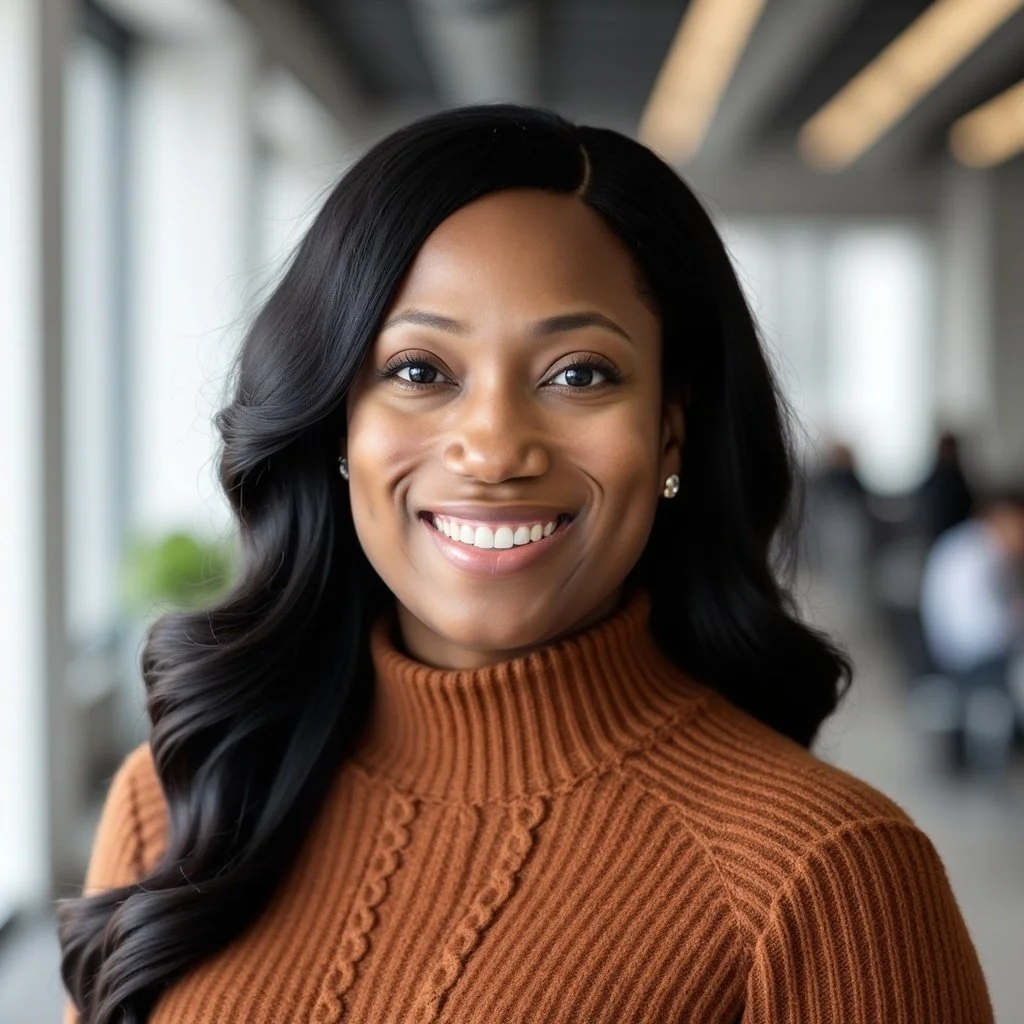 A smiling woman with long black hair wearing a brown ribbed turtleneck sweater, standing in a modern office with blurred people in the background.