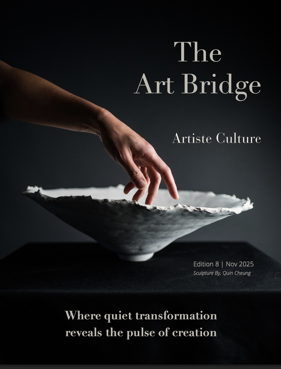 Feature about contemporary artist Denize Jung in The Art Bridge and Artist Culture, showcasing her abstract artworks inspired by Mediterranean light, natural textures and slow living.