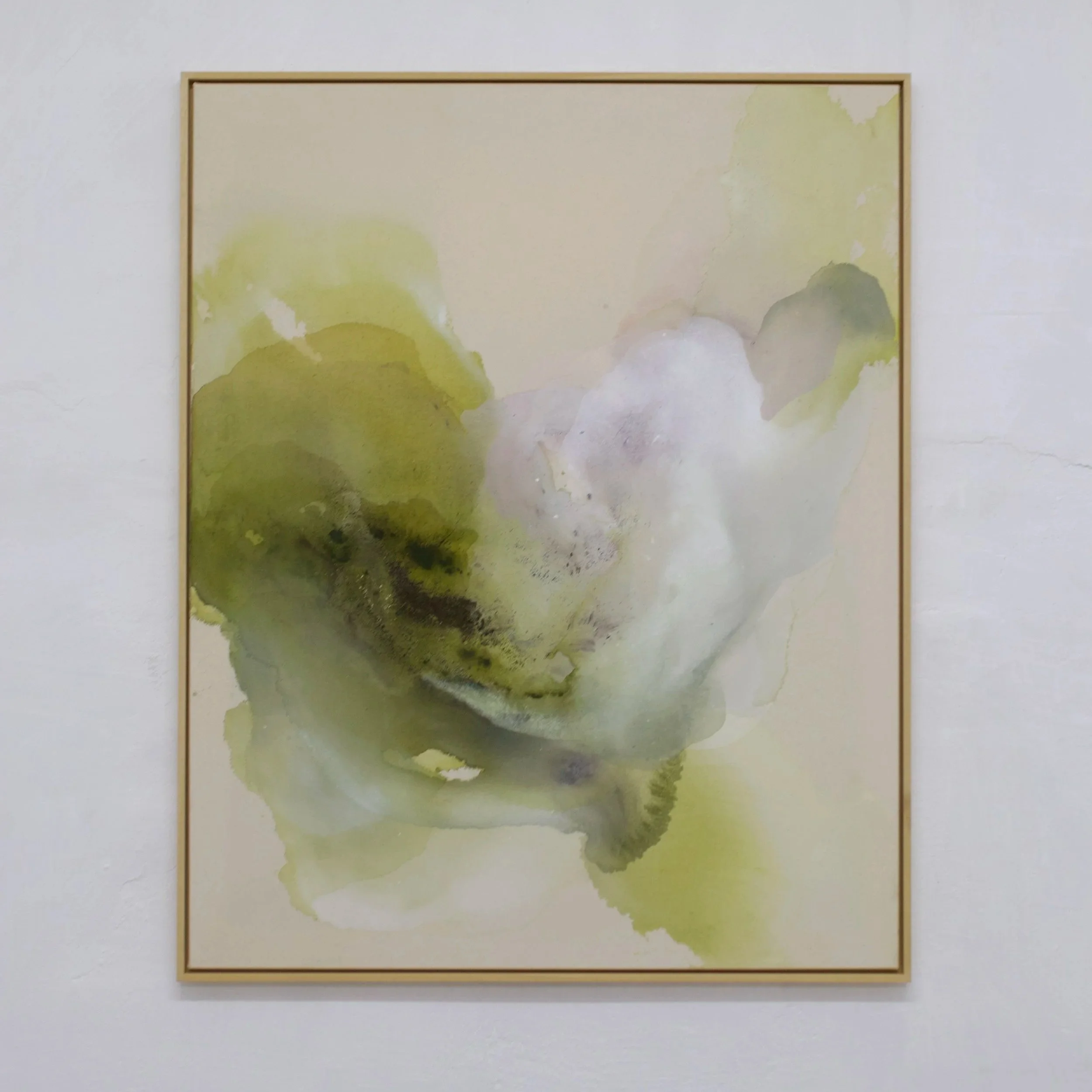 Original abstract artwork "Olive Silence" by Mallorca artist Denize Jung, created with layered glazing techniques in soft Mediterranean earth tones.