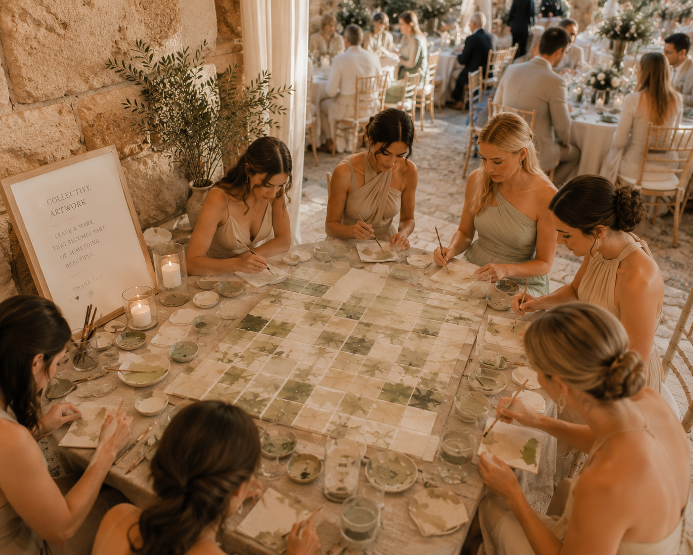 Wedding guests creating a collaborative artwork during the Mediterranean Memory Mosaic experience by Denize Jung, a unique artistic guestbook inspired by Mediterranean colours and memories.