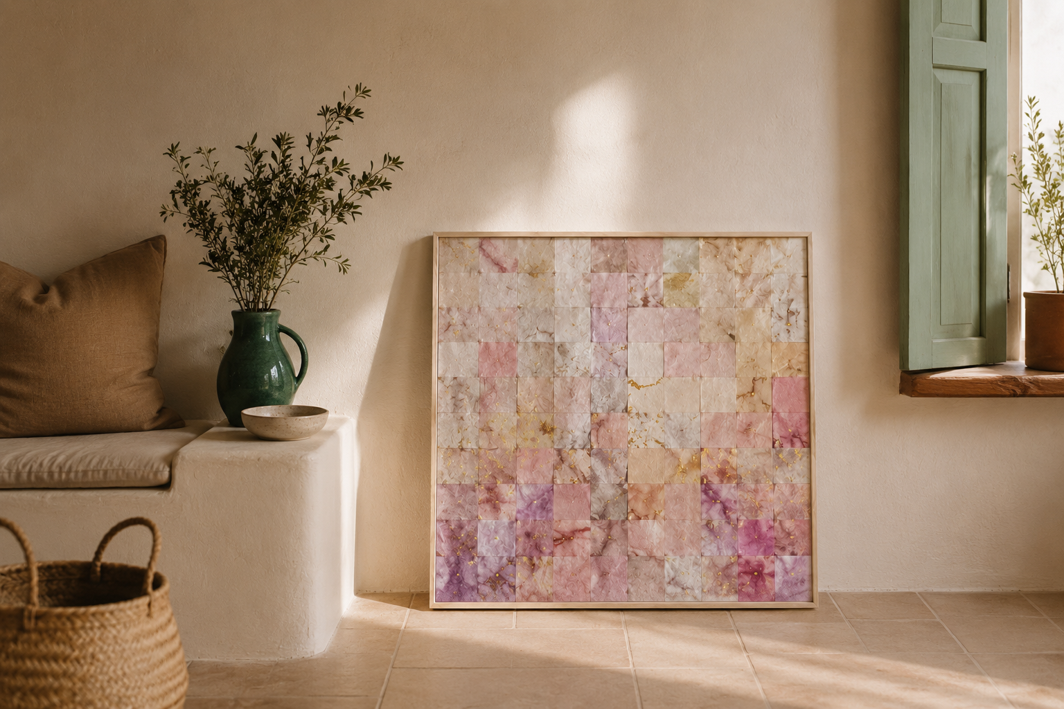 Wedding art experience in Mallorca by artist Denize Jung, creating a collaborative guestbook artwork where guests contribute to a unique Mediterranean-inspired mosaic.