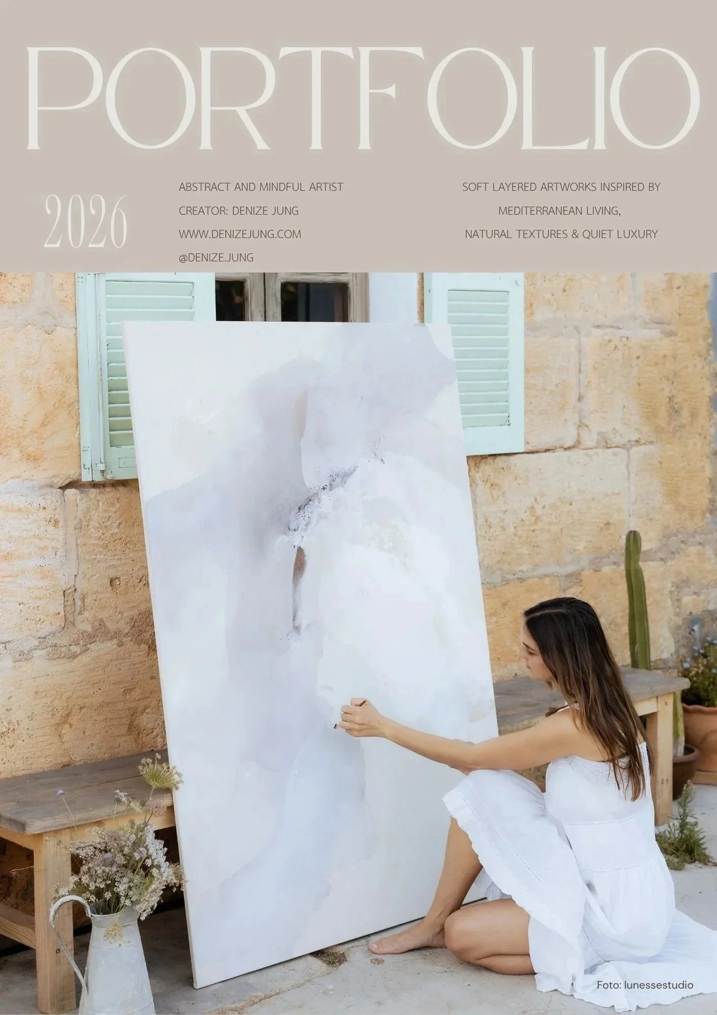 Portfolio catalogue by Denize Jung featuring contemporary abstract artworks inspired by Mediterranean living, natural textures and quiet luxury.