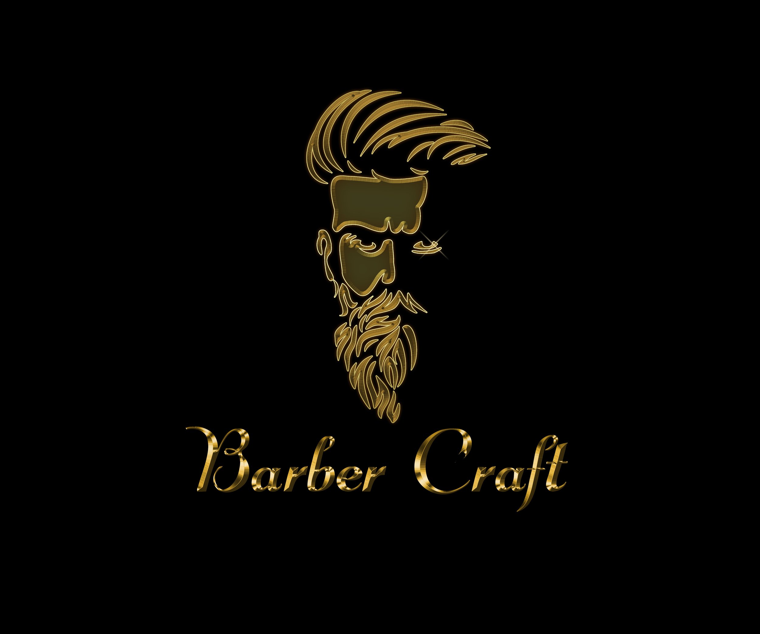 Neon sign with a stylized beard and hair outline in gold, reading 'Barber Craft' on a black background.