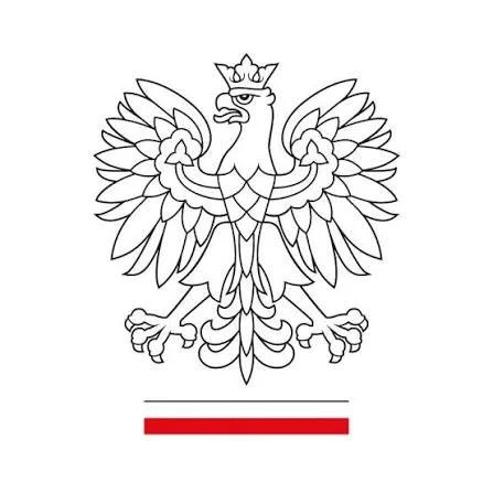 Black and white drawing of a crowned eagle with outstretched wings and a red line beneath it.