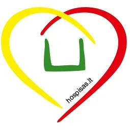 A logo featuring a yellow and red heart shape with a green Greek letter sigma in the center, and the text 'hospisas.it' at the bottom.