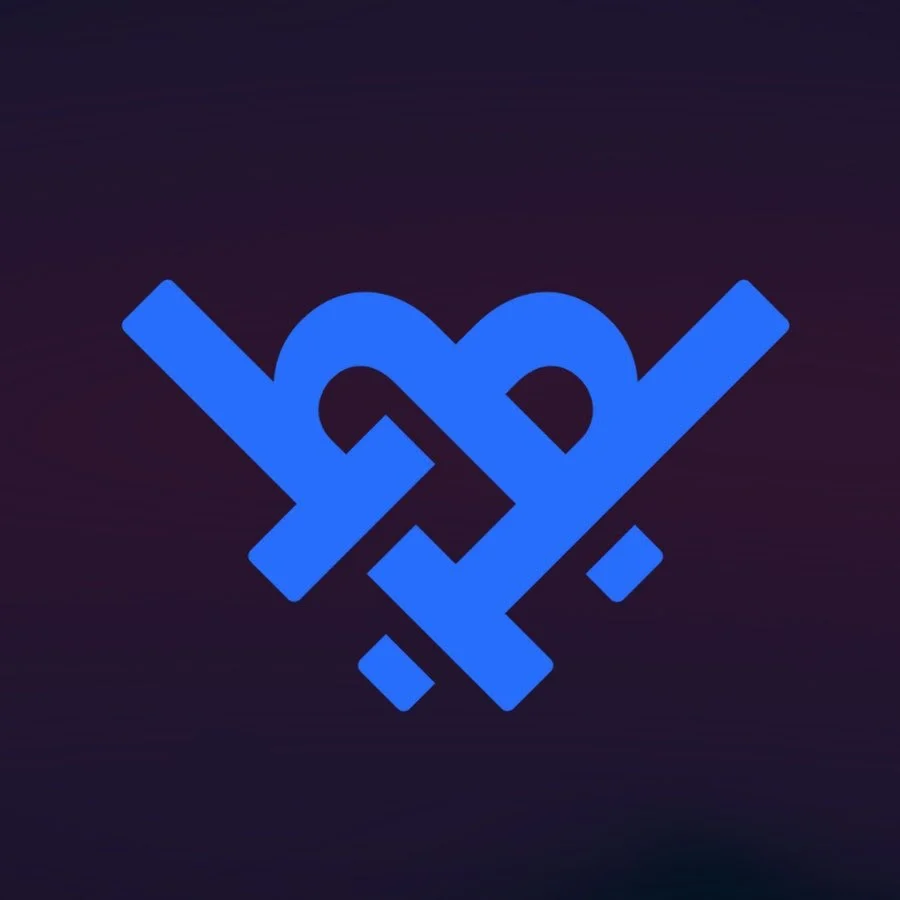 Blue geometric heart-shaped symbol on a black background.