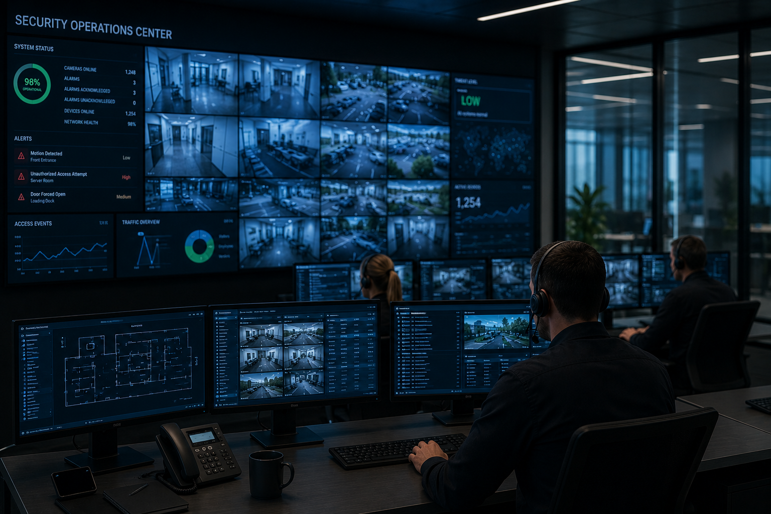 Control room with multiple monitors displaying security cameras and system status, with personnel monitoring feeds.