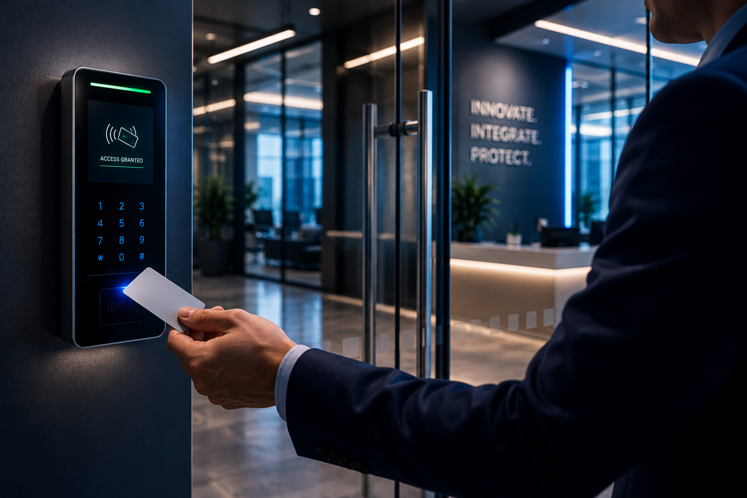 A person in a business suit using a contactless card to access a security turnstile in a modern office building.