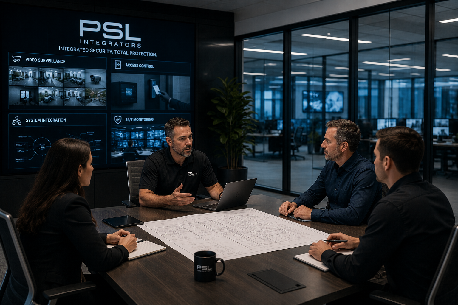 Business meeting in a conference room with four people discussing security systems, with a large screen displaying security service features.