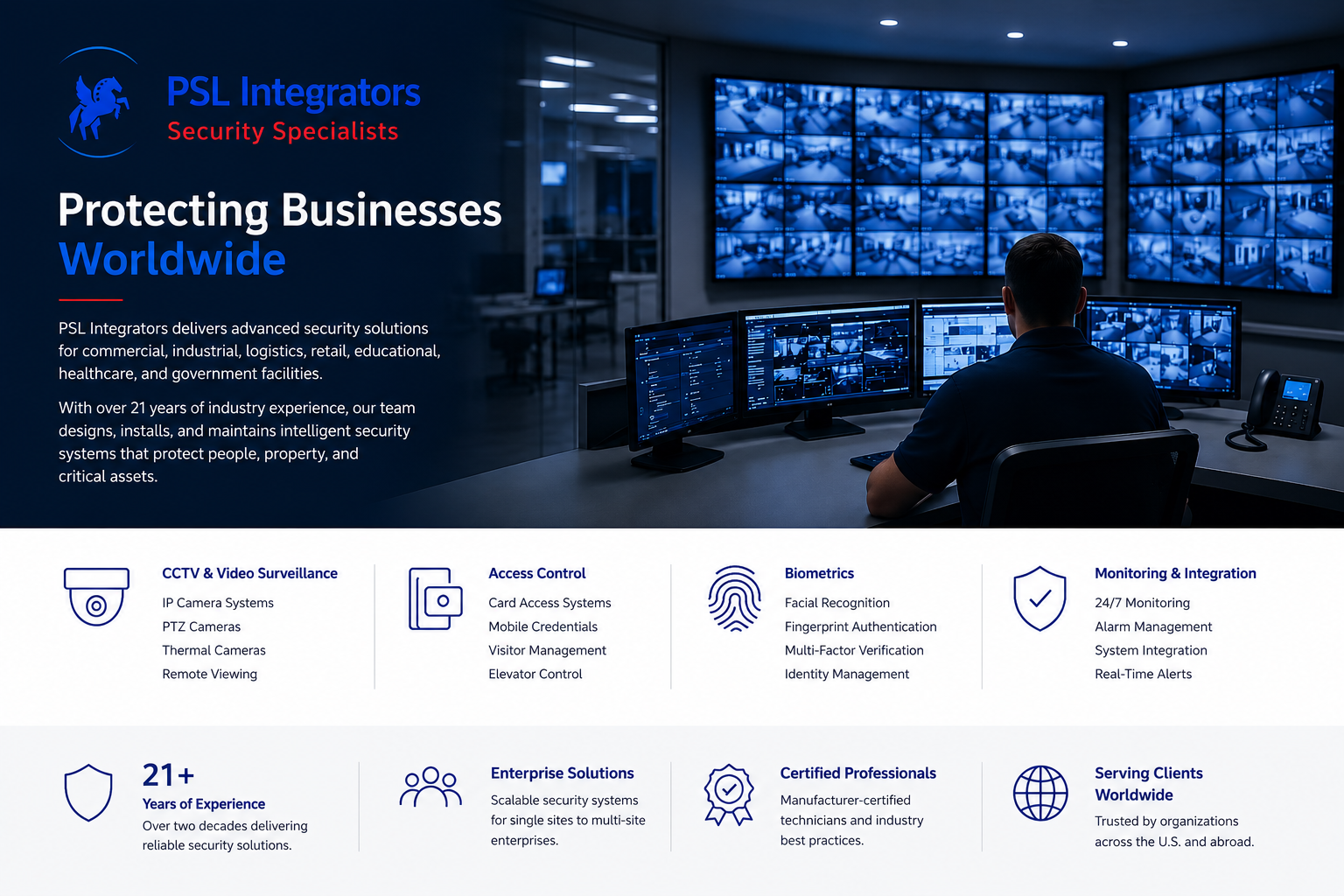 Security monitoring room with multiple screens displaying surveillance footage, a person working at a desk with four monitors, promoting PSL Integrators security services.