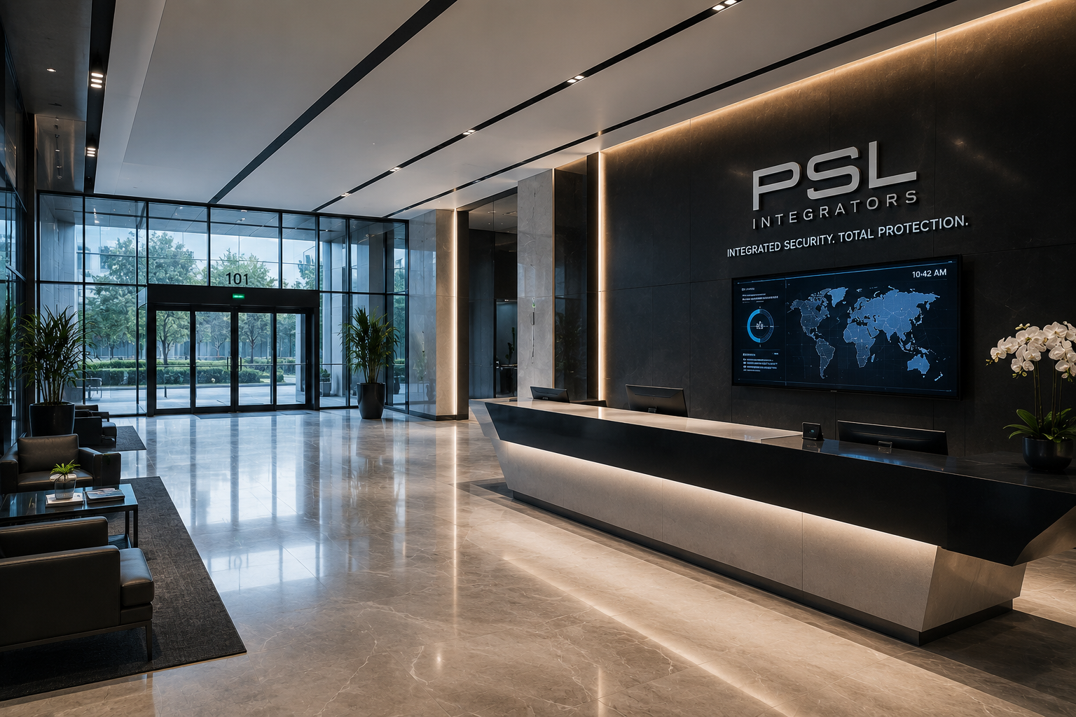 Modern corporate lobby with black and gray reception desk, large digital world map on dark wall, potted plants, glass entrance doors, and seating area with chairs and small tables.