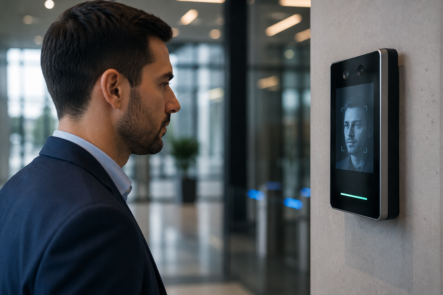A man in a suit having his face scanned by a facial recognition device mounted on a wall in a modern office building.