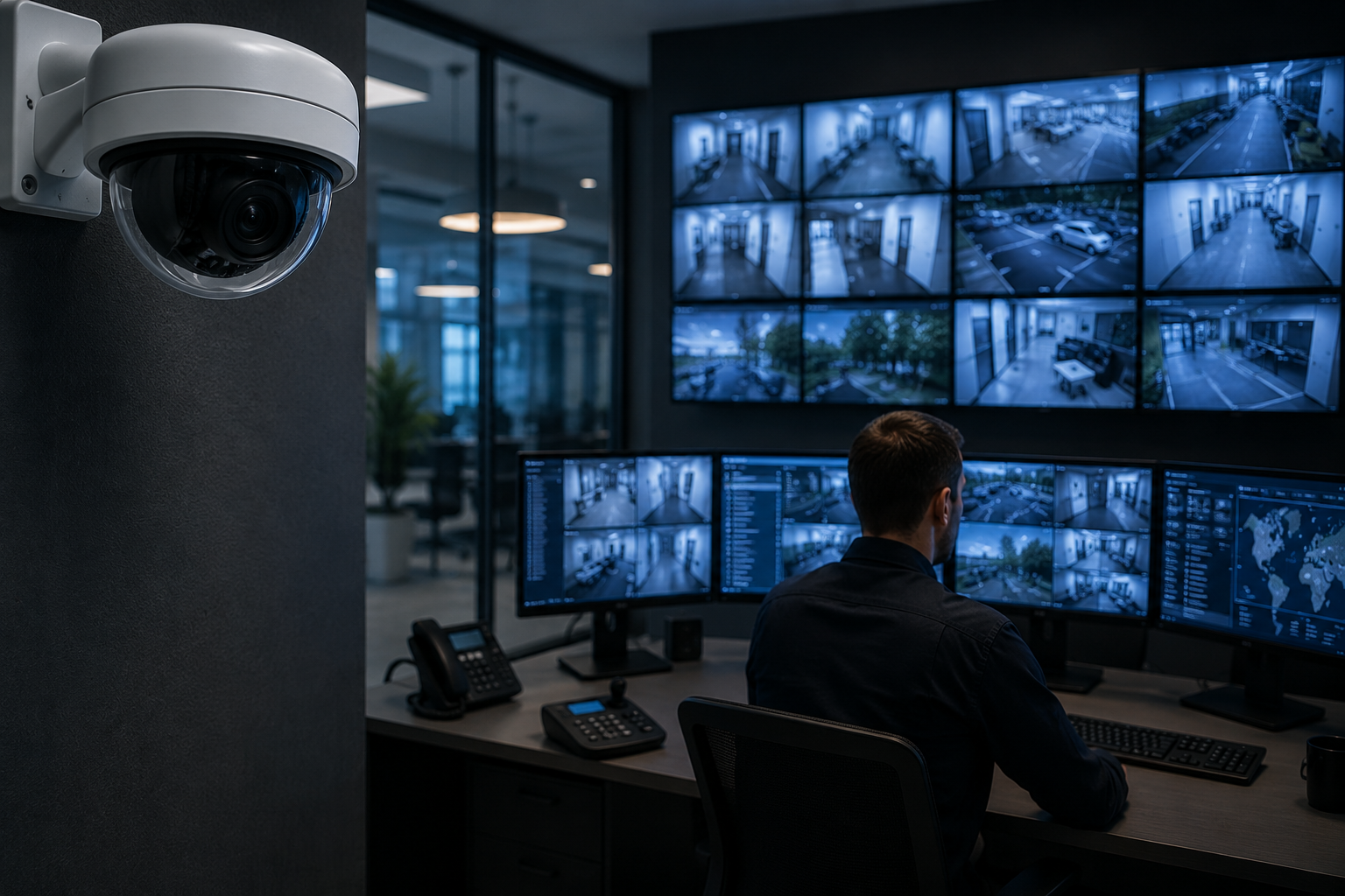 Security camera mounted on a wall in a control room with multiple monitors showing surveillance footage and a person monitoring the screens.