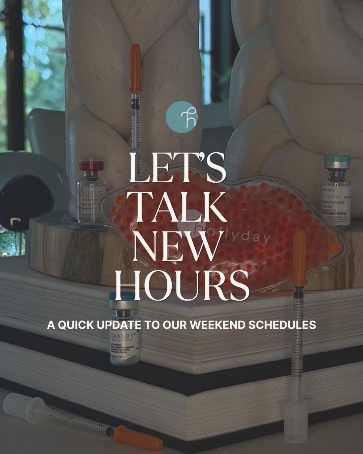 A little Saturday schedule update 🗓️
@hollyday.pv is now closed on Saturdays, while Hollyday Med Spa (KCMO location) will be closed every other Saturday beginning Oct 17th.

Swipe for our upcoming Saturday availability + save for your future referen