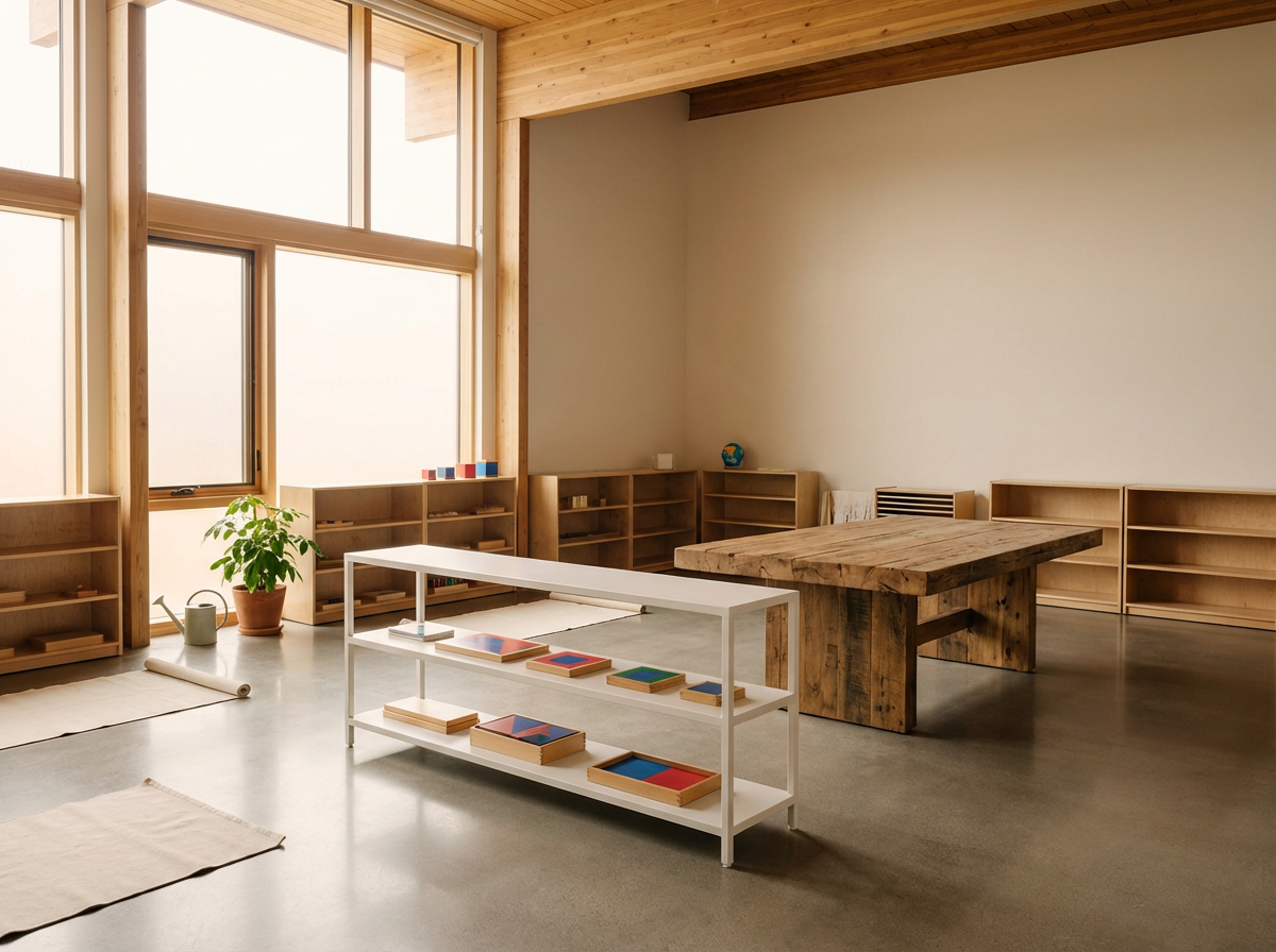 Minimalist classroom with large windows, wooden shelves, a potted plant, a white shelf with educational materials, and a large wooden table.