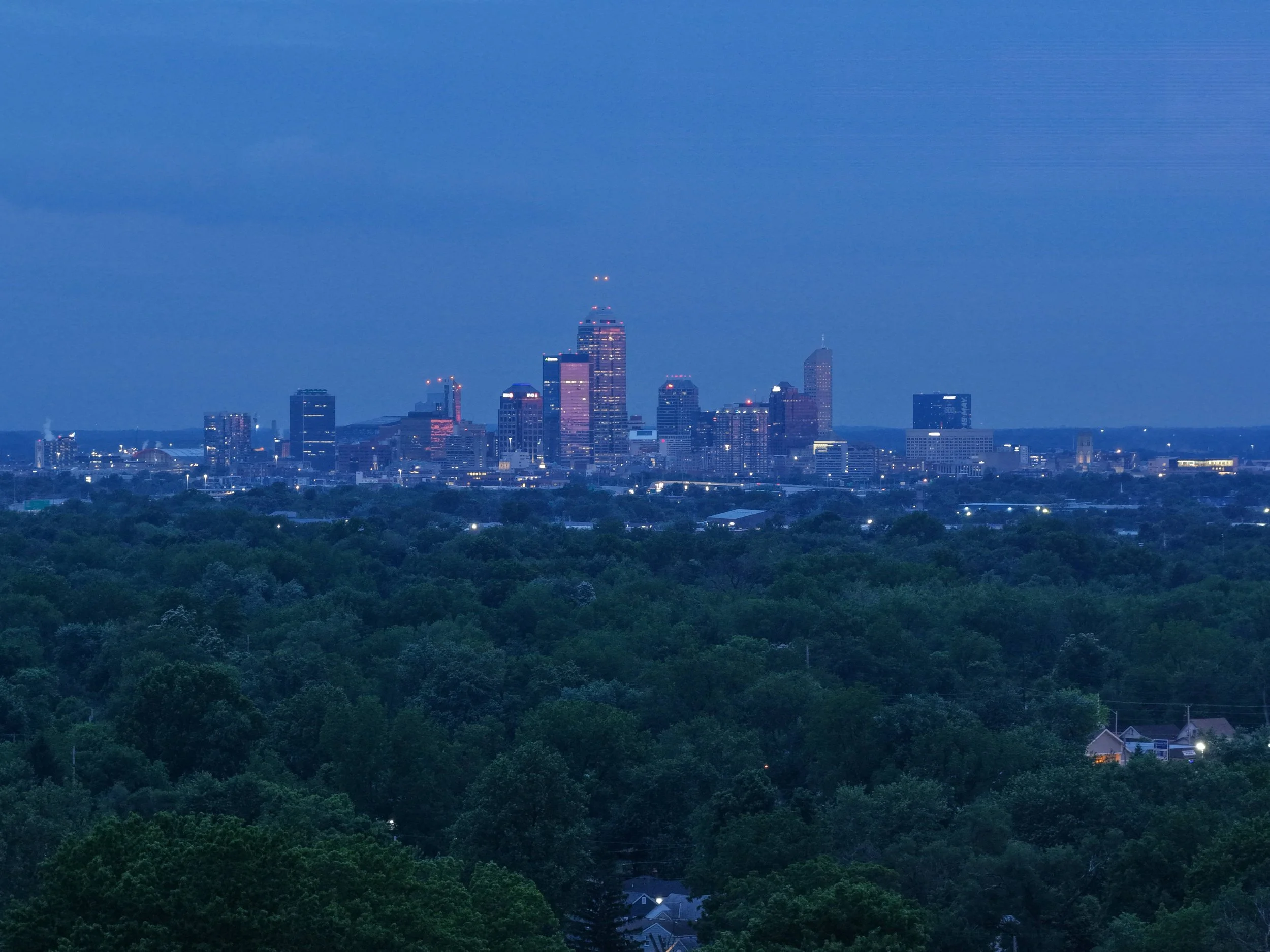 Night view of a city skyline with tall buildings and lights, seen from a distance over a foreground of green trees.
