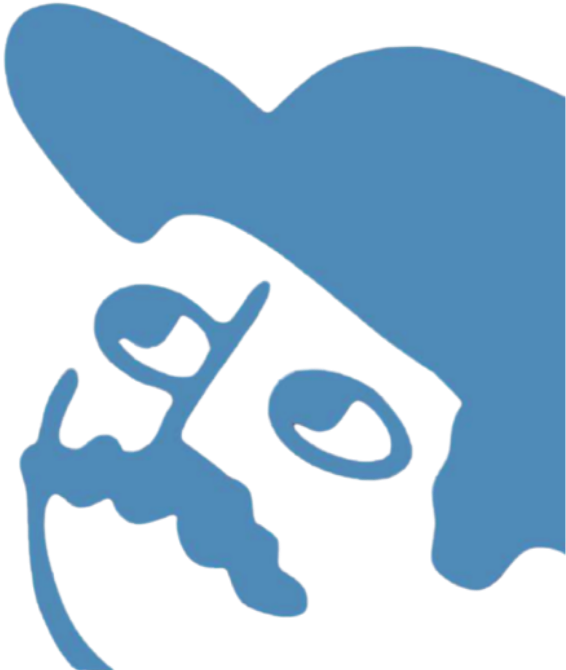 A stylized illustration of a baby's face with large eyes and a pacifier, in blue color.