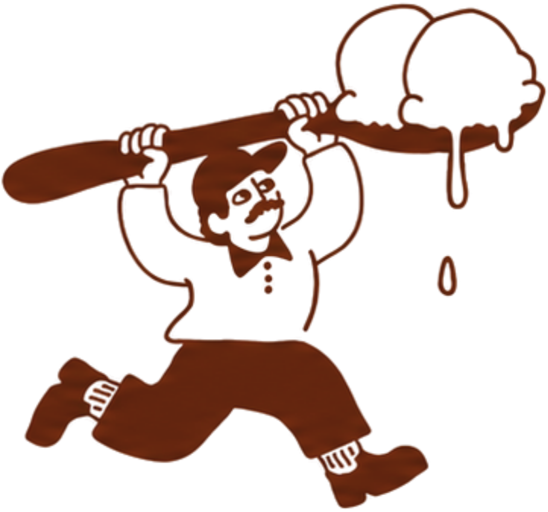 A cartoon illustration of a person running and holding a large hammer with a dripping green head, wearing a red shirt, khaki pants, and brown shoes.