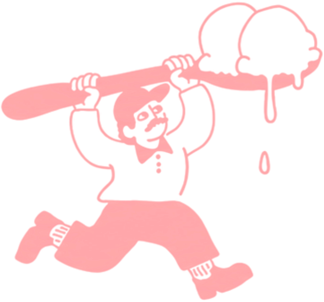 Pink outline of a child with glasses, running while holding a large knife over their head, with a droplet falling from the knife.