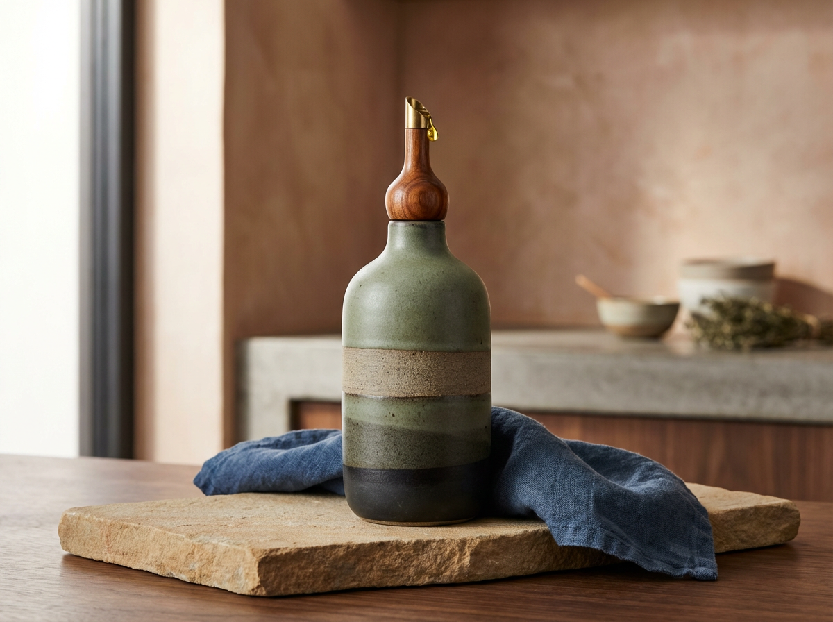 A decorative ceramic bottle with a cork and brass spout, placed on a wooden table with a blue cloth underneath. The background features a softly lit interior with dishes and a bundle of herbs.