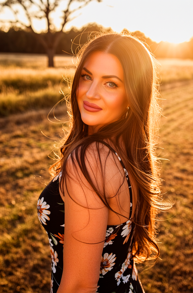 A woman with long brown hair and makeup, wearing a black floral dress, standing outdoors during sunset in a field with trees in the background.