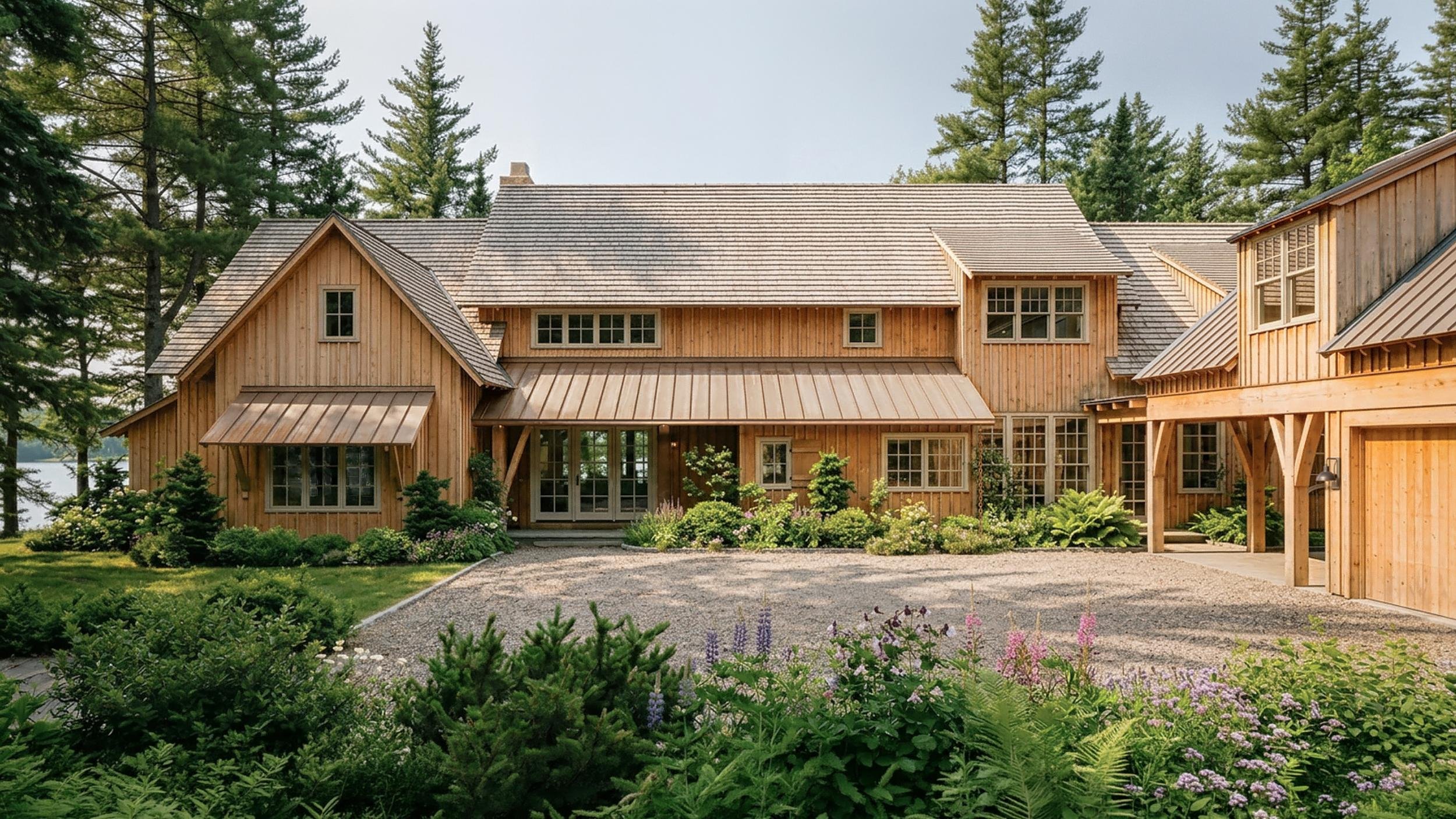 A large wooden house surrounded by greenery and wildflowers, with trees in the background and a gravel driveway in front.