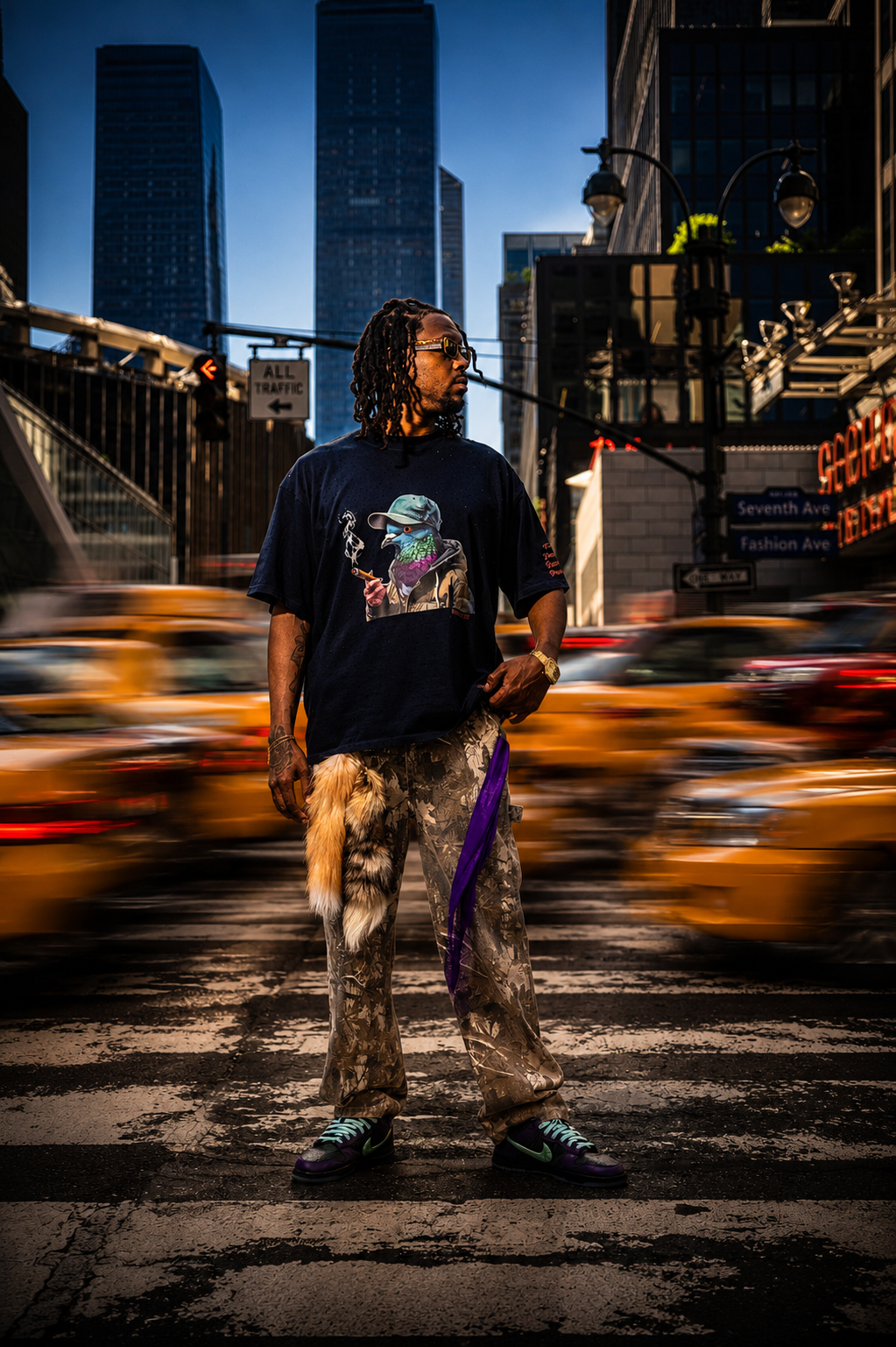 Man wearing an MXNY graphic tee and camouflage pants crossing a busy New York City street at dusk, styled with a fox tail accessory.