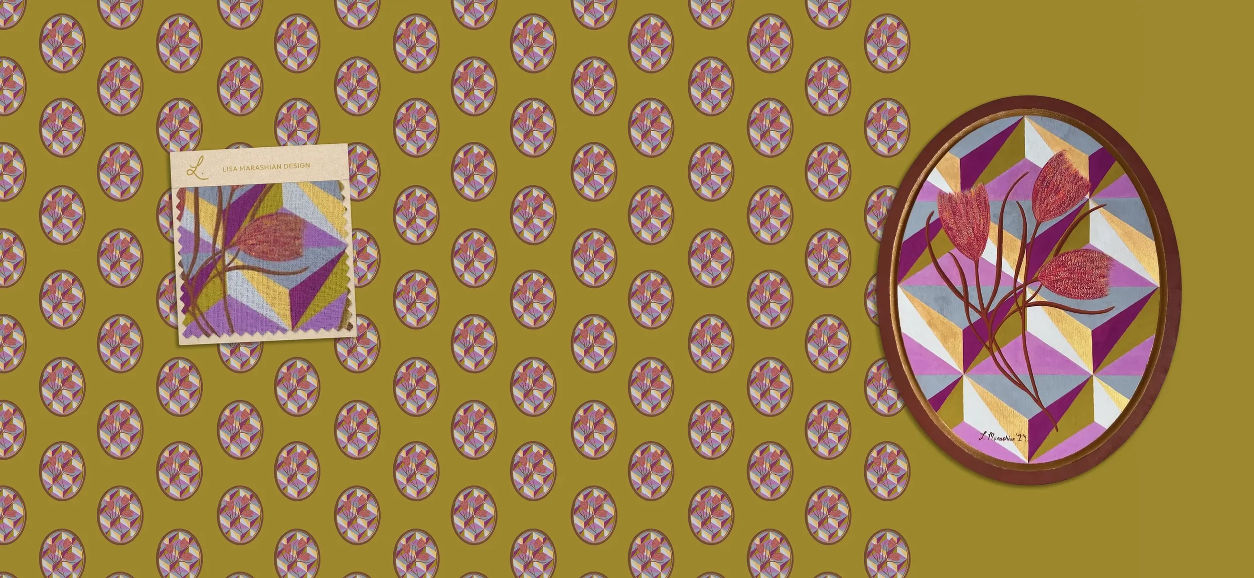 Lisa Marashian surface pattern design shown as fabric swatch and framed fine art print, featuring geometric floral motifs in pink, purple, and gold