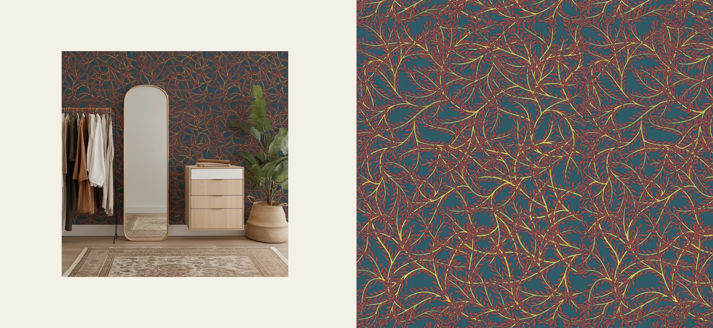 Lifestyle mockup showing Lisa Marashian's botanical surface pattern design applied as wall covering in a home interior