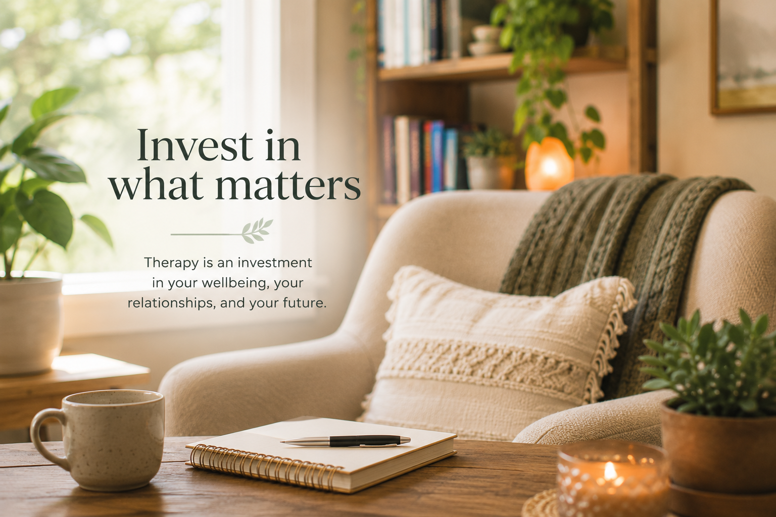A cozy living room with sunlight coming through a window, a beige armchair with a thrown blanket and pillow, a wooden coffee table with a notebook, pen, and coffee mug, a bookshelf and plants in the background, and a small lit candle on the table. Text overlay says, 'Invest in what matters' and 'Therapy is an investment in your wellbeing, your relationships, and your future.'