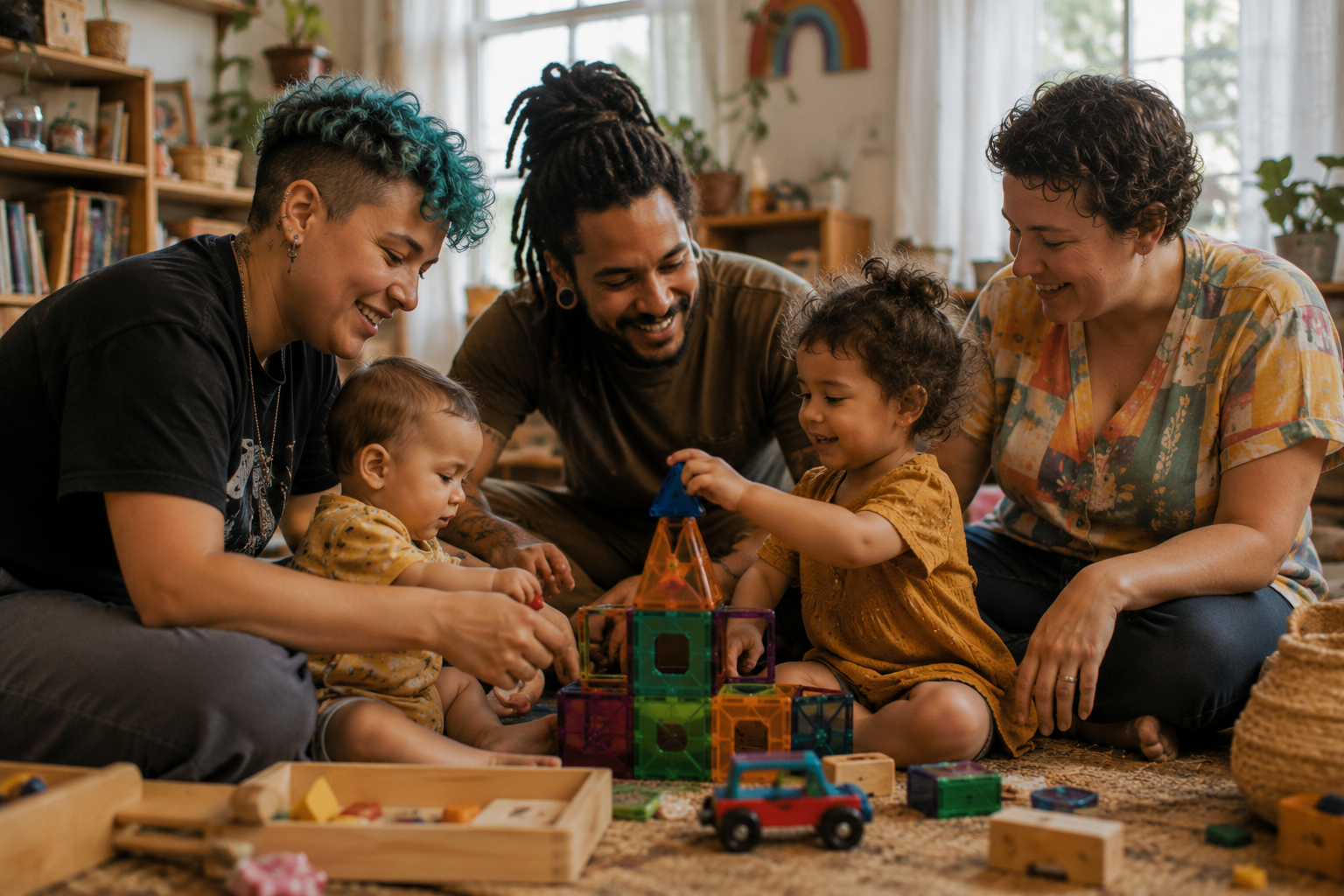 A diverse family playing with colorful magnetic building blocks on the floor of a cozy, well-lit living room.
