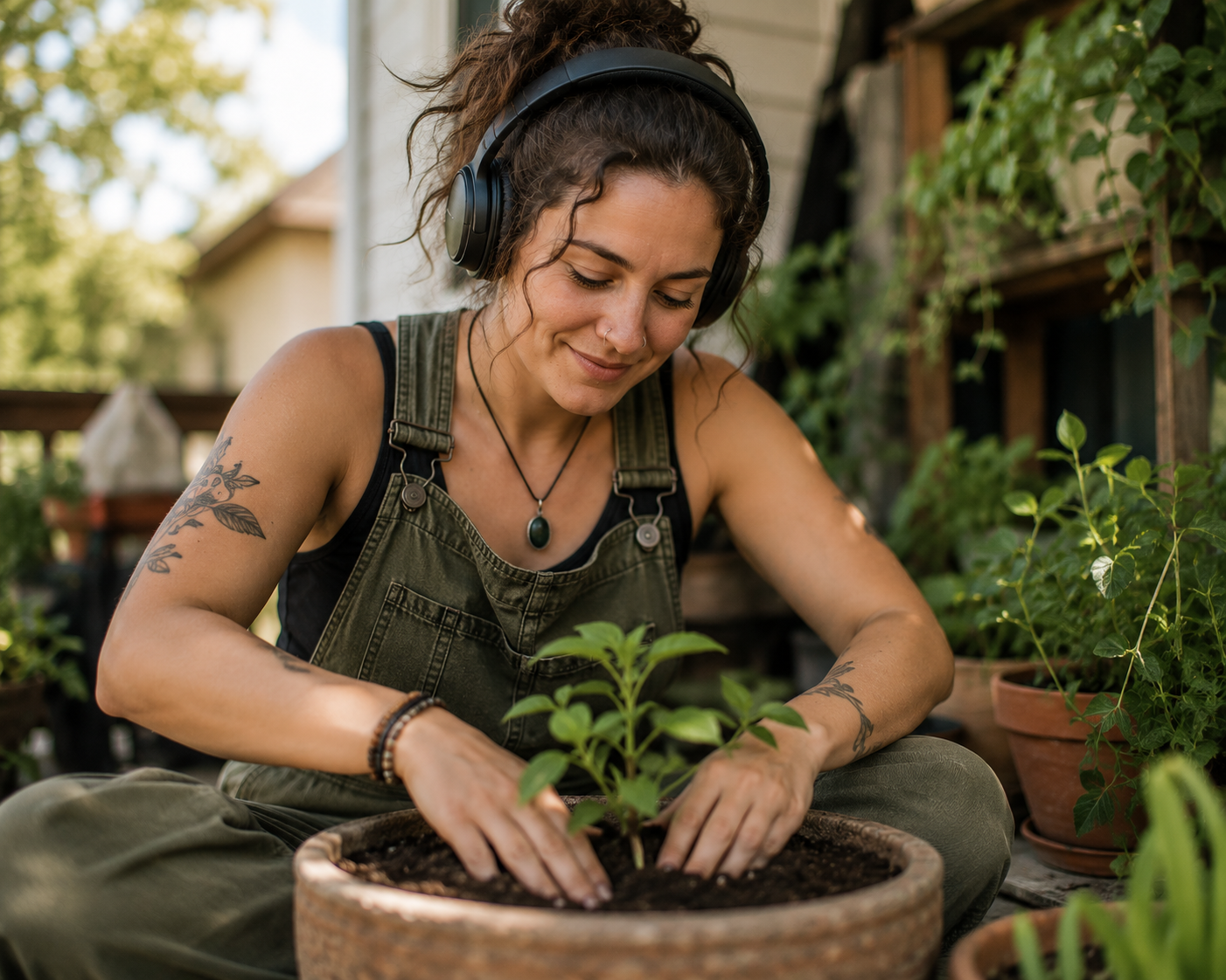A woman with tattoos, wearing headphones, a black tank top, and green overalls, is sitting cross-legged and planting a small green plant in a large terracotta pot outdoors.