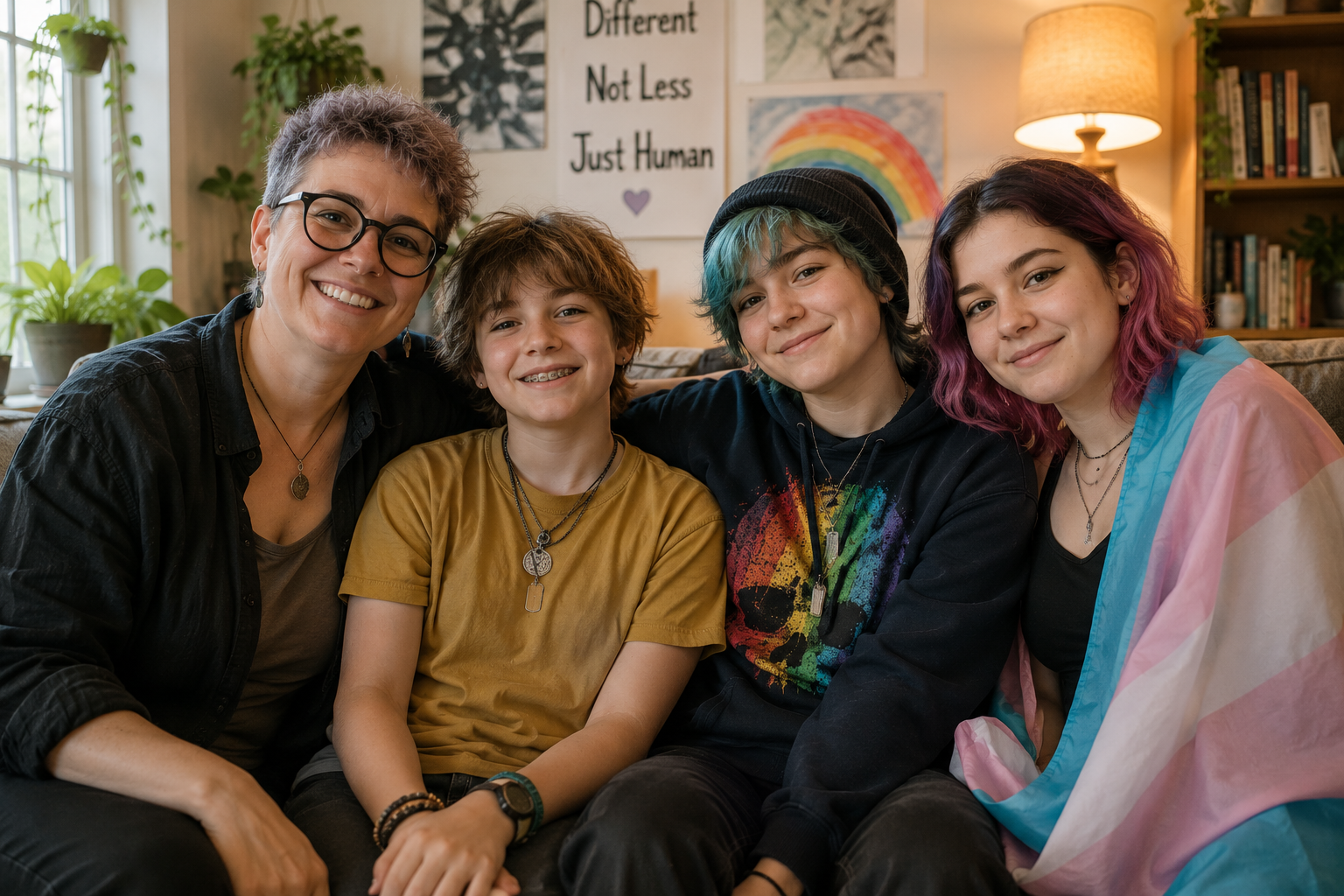A smiling woman and four children sitting closely together on a couch in a cozy living room, with colorful artwork and a lamp in the background.