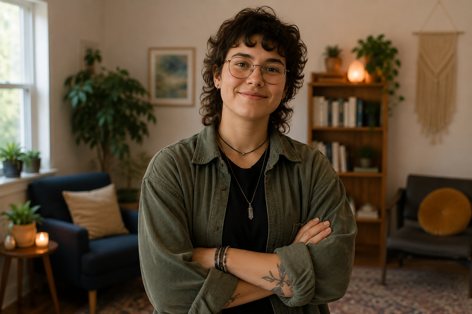 A young woman with glasses and tattoos on her arm smiling with arms crossed in a cozy living room.