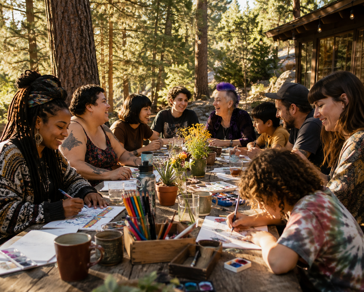 A diverse group of people sitting around a table outdoors in a forest, engaging in a painting or drawing activity and laughing together.
