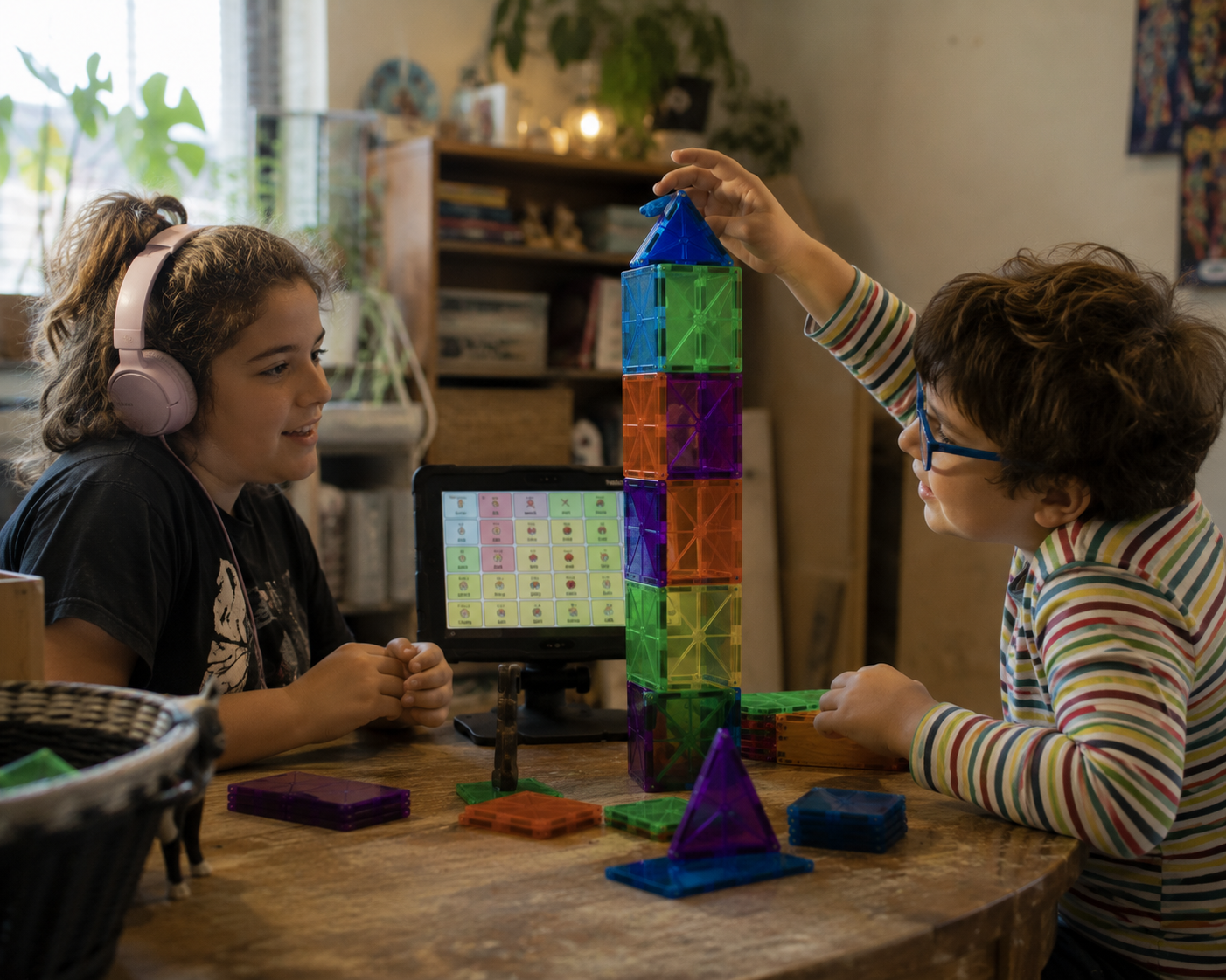 Two children playing with colorful magnetic building tiles at a wooden table.