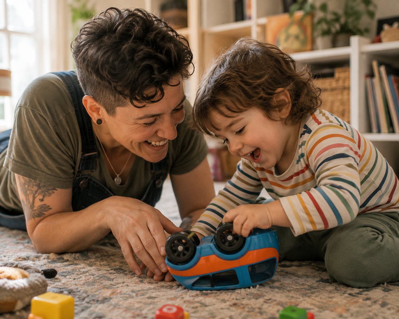 A smiling woman and young boy playing with a toy car on a rug in a cozy room with shelves and decorations.