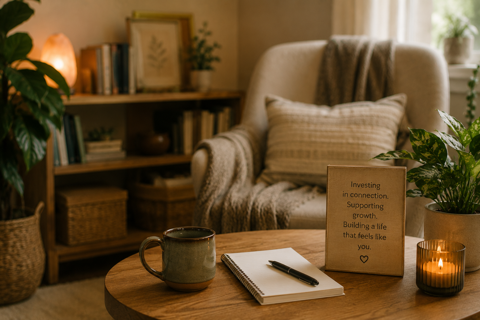 A cozy living room with a wooden coffee table holding a green mug, a spiral notebook with a black pen, a small wooden sign with the message "Investing in connection. Supporting growth. Building a life that feels like you.", a lit candle in a glass holder, and a potted plant. In the background is a comfortable beige armchair with a textured pillow and blanket, a bookshelf with books and decorative items, and a window with natural light and curtains.