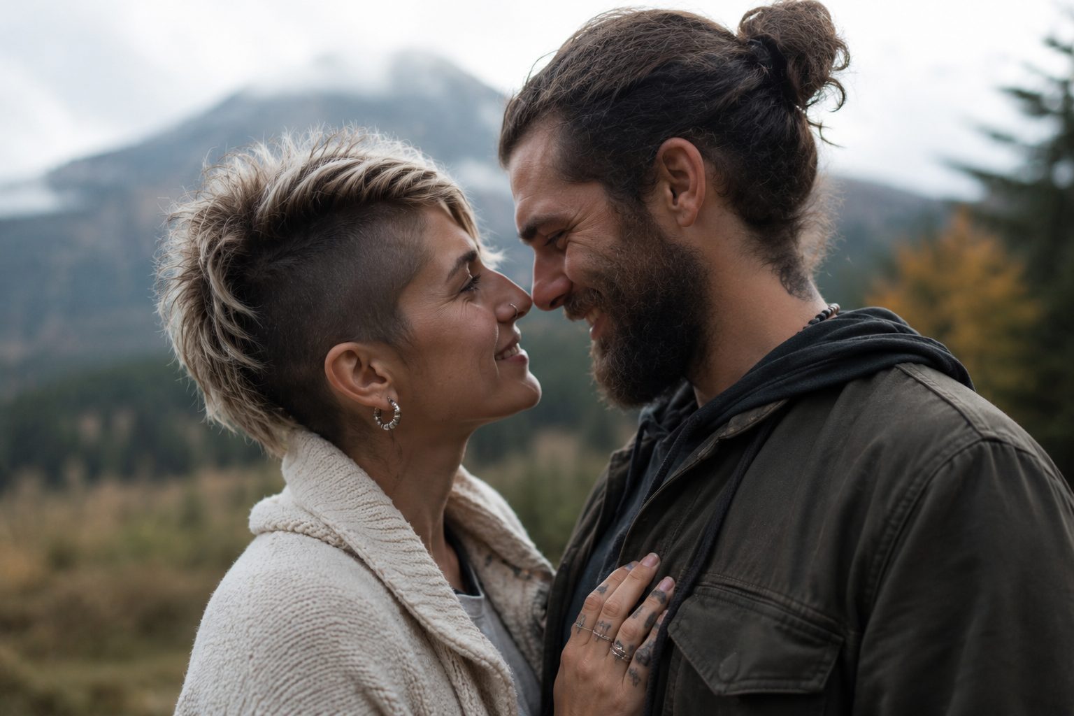 A couple standing outdoors, with their faces close and smiling, in front of a mountain landscape.