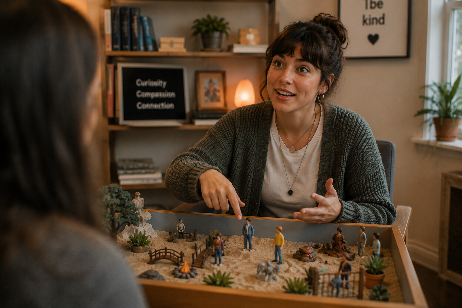 A woman explains a miniature desert scene with figurines on a table to another person in a cozy room with books and plants.