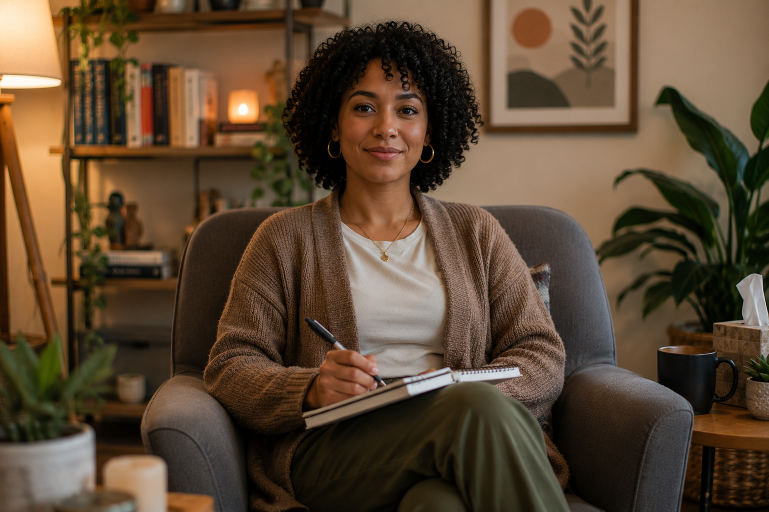 A woman with curly hair sitting on a gray armchair, smiling, holding a pen and a notebook, in a cozy living room with books and plants.