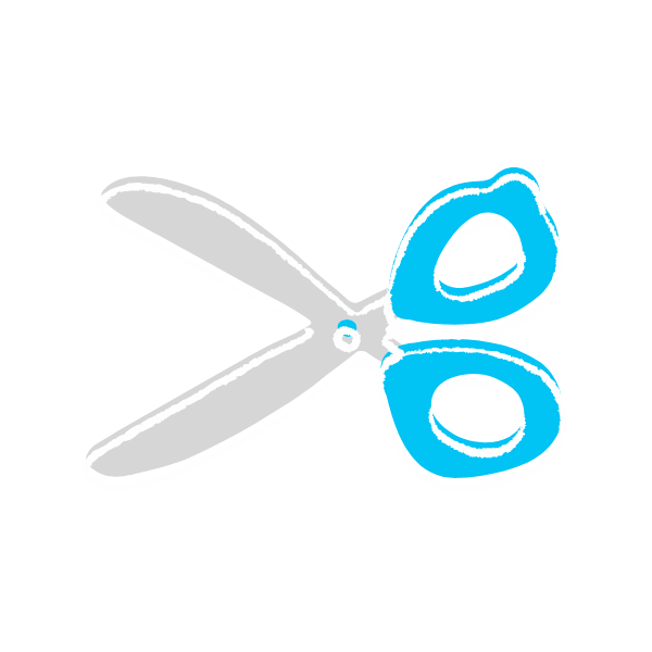 A pair of children's scissors with gray blades and blue handles on a black background.