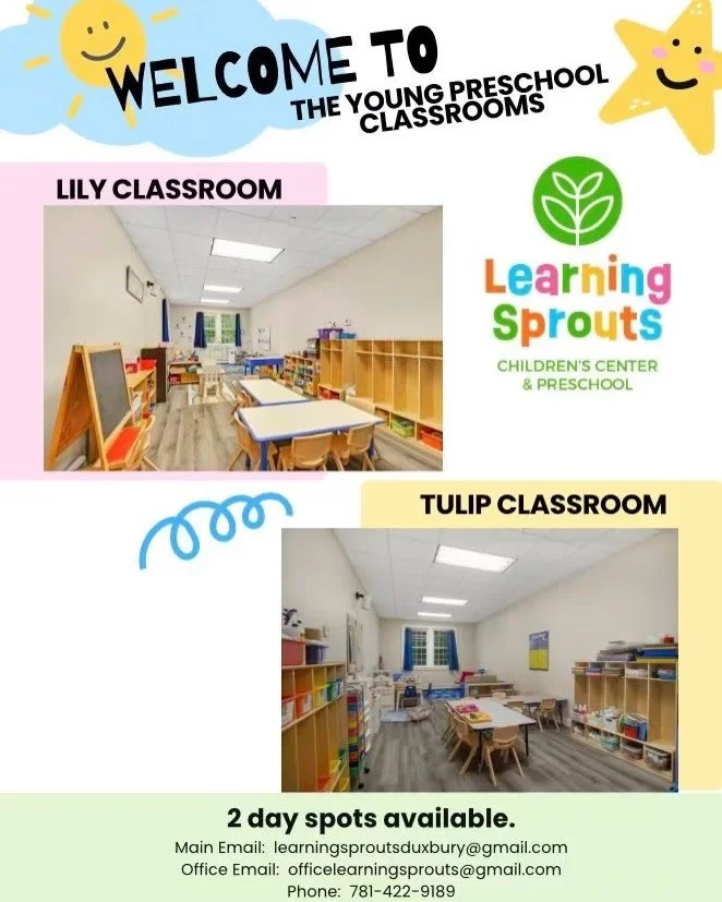 We have a toddler spot available and a young preschool spot available starting this September! &hearts;
Looking to learn more about our program?  Schedule a tour 📅 !

📧Email learningsproutsduxbury@gmail.com with any questions you may have or to sch