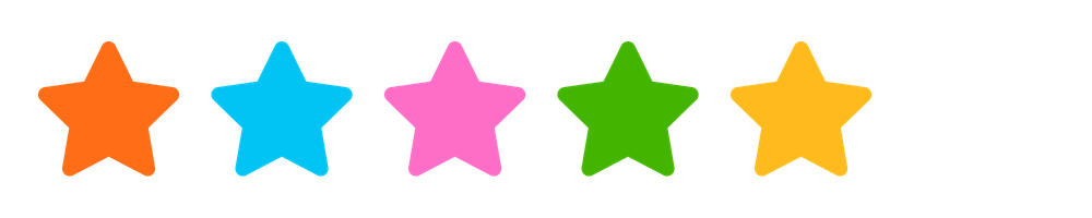 Colorful string of five star-shaped decorations in orange, blue, pink, green, and yellow.