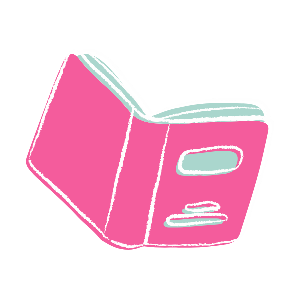 A pink file folder with tabs and pockets depicted in a simple, stylized drawing.