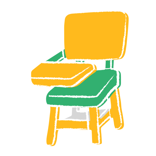 Colorful drawing of a wooden school chair with a green seat, backrest, and yellow armrest and leg supports, against a black background.