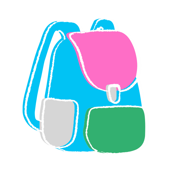 Colorful illustration of a backpack with multiple pockets in pink, green, gray, and blue colors.