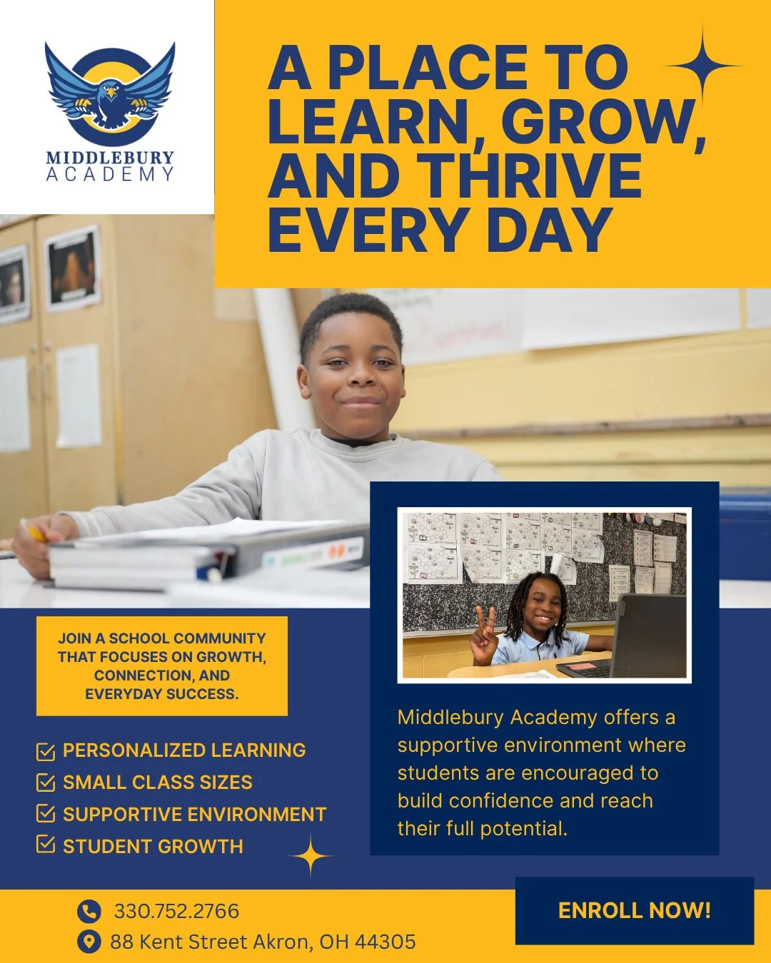 A place to learn, grow, and thrive every day.⁠
⁠
At Middlebury Academy, students are supported in a caring environment where confidence is built and growth is encouraged. With personalized learning and small class sizes, every student has the opportu